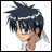 Pixelated anime-style character with spiky dark blue hair and white highlights, wearing glasses and a white shirt, positioned against a white background.