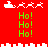Red background with white pixelated Santa sleigh and reindeer, green "Ho!" text repeated in four across two of animation frames