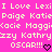 Pixelated text on bright pink background with repeated names and heart symbols, static image.