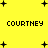 Yellow background with black pixelated text "COURTNEY" repeated in two , surrounded by scattered black plus signs and dots