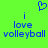 A bright green background displays a blue pixelated heart symbol above two identical text blocks reading "i love volleyball" in blue pixelated letters.