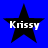 Four black star-shaped icons with white text "Krissy" on a solid blue background, arranged in a
