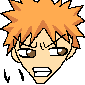 Pixelated anime-style head with spiky orange hair, three distinct facial expressions, and small black text symbols on a gray background.