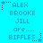Pixelated text on cyan background with blue stars and dotted lines, displaying names and phrases in a