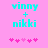 Cyan text 'vinny + nikki' on pink background with five pixelated hearts below, two versions showing animation changes in heart positions.