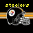 Two pixelated football helmets with yellow text above them reading 'steelers' and 'rock!' on a black background with horizontal stripes.