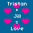 Blue background with pink pixelated hearts and white text reading "Tristan + Jill = Love" repeated in a pattern