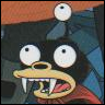 A cartoon character with large white eyes, a yellow beak-like mouth, and sharp teeth, set against a dark blue and brown background.
