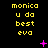 Yellow pixelated text 'monica u da best eva' repeated in a with pink star and X symbols on black background