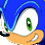 Pixelated close-up of a blue anthropomorphic character with green eyes, white muzzle, and orange nose against solid blue background.