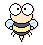 Pixelated cartoon bee with large white eyes, black pupils, yellow body stripes, and light blue wings on gray background.