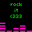 A 4-frame animated contact sheet showing a pixelated music visualizer with green text and pink bars on black background, repeating the phrase "rock it <333" across frames.