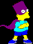 Animated cartoon character with purple hair, yellow skin, blue shirt and pants, white shoes, and a flowing purple cape standing against black background.