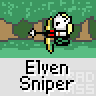 Animated contact sheet of a pixel art character labeled 'Elven Sniper' performing various actions across different environments including forest, desert, ocean, and snowy landscapes.