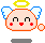 Pixelated character with peach skin, blue wings, yellow halo, red cheeks, and orange outline; two expressions show closed eyes or open eyes with tears.