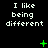 Black background with white pixelated text "I like being different" repeated in a , green plus and X symbols, and scattered green dots