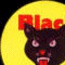 Animated sequence showing a black cat face with red eyes and mouth against yellow circular background, transitioning through fragmented orange-yellow starburst patterns on black.