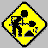 Two yellow diamond-shaped warning signs with black borders, each showing a figure holding a tool and interacting with an object on the ground.