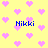 Yellow background with pink pixelated hearts and blue text reading 'Nikki' in four locations.