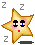 Pixelated star-shaped character with brown outline, black eyes, blue pupils, red mouth, and pink cheeks on gray background.