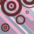 Pixelated abstract composition with concentric circles and diagonal stripes in pink, brown, light blue, and white.