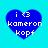 Four blue heart-shaped icons with white text 'i <3 kameron kopf' on a cyan background, each showing different pixelation levels.