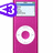 Two side-by-side pixelated images of a pink music player with white circular control, one showing purple '3' icon and the other displaying teal 'Music!!' text.