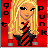 Pixel art icon of a blonde woman with long hair wearing a black and red striped top against a solid red background, with partial text visible on the left and right edges.