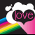 Animated icon with a black heart containing pink 'love' text, white cloud-like shapes above it, and rainbow stripes on a dark background.