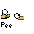 Pixelated animation of a figure with white hair and orange clothing holding a clock, with orange lines extending from the clock to the figure's hand.