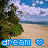 A static beach scene with blue water, sandy shore, green trees, and a blue sky with white clouds, overlaid with repeated blue text reading 'dream' and a small blue heart symbol.