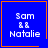 Blue square icon with orange border displaying "Sam && Natalie" text and changing symbols in bottom-right corner.