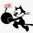 Black-and-white pixelated cartoon character holding a large black bomb with pink fuse, standing in dynamic pose against white background.