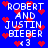 Blue background with white pixelated text reading "ROBERT AND JUSTIN BIEBER x3" surrounded by red heart symbols, animated with heart symbols shifting positions.