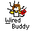 Pixel art character with brown hair, black antennae, yellow shoulder accents, holding a red ladybug, standing above "Wired Buddy" text on gray background.