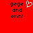 Red background with black pixelated text 'gege and erin!' repeated twice, one instance featuring a white heart symbol replacing the space between words.