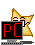 Pixelated star-shaped character with brown outline and yellow fill appears behind two computer monitors, one displaying red 'PC' text and the other showing a blue smiley face.