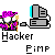 Pixel art icon shows a wizard-like figure with purple hat and staff next to a gray computer with cyan light, labeled 'Hacker' and 'Pimp'.
