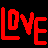 Red pixelated text spelling 'LOVE' on a black background with the letter V stylized as a heart shape.