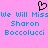 Pink background with blue pixelated text reading "We Will Miss Sharon Boccolucci" and a black pixelated heart symbol above the text.