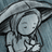 Pixelated grayscale image of a woman with long hair and a hat, next to blue background with white pixel text.