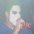 Pixelated avatar with green hair, white face, and blue clothing; hand raised near mouth in two distinct background variations.