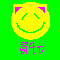 Yellow circular icon with pink cat ears and green smiley face on bright green background, each contains four icons with purple text below