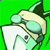 Pixelated static icon of a cartoon character's head with large eyes and a beak-like mouth against a bright green background.