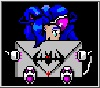 Pixelated character with blue hair and pink eye patch peeks from gray envelope, showing subtle eye and head movements across frames.