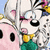 Pixelated character with white hair, pink cheeks, and green clothing holding a yellow object against a blue sky background.