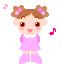 Pixel art girl in pink dress with white collar, brown pigtails tied with pink bows, standing against gray background with floating musical notes.