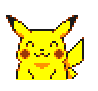 Pixelated yellow cartoon character with brown cheek spots, black-tipped ears, and orange mouth; two versions show different eye expressions.