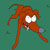 Pixelated orange cartoon character with large white eyes, red mouth, and long limbs against teal background.
