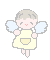 Pixelated angel figure with light brown hair, pink cheeks, and blue wings in two poses: one standing on feet, one floating with legs extended.